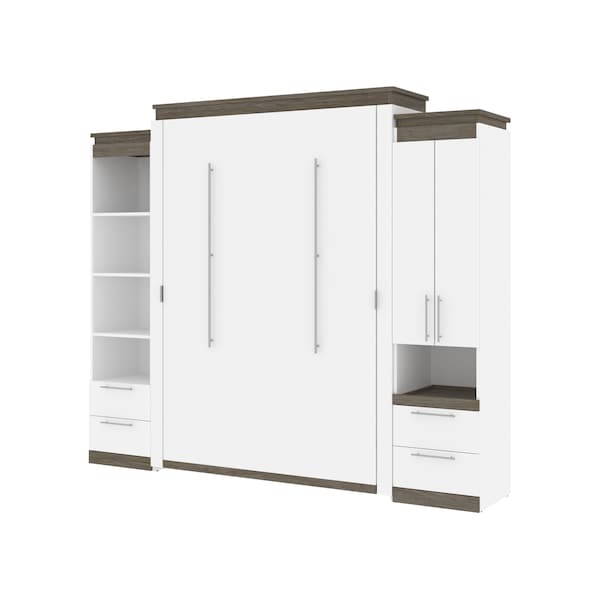 Orion 104W Queen Murphy Bed and Narrow Storage Solutions with Drawers (105W), White & Walnut Grey